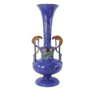 SW-5700-0224 Majolica Pottery Vase Lizards After Beetle Large h48cm Circa 1870 Item: A spectacular mid to late 19th century Majolica vase, circular pedestal base, stylised handles and trumpet top superbly designed with applied Beetles on foliage and two Lizards each with long tails entwined within the handles eyeing up their Beetle feast. Impressed to the base n2. Maker unknown. Date: 1870-1890 Measurements Approximately: h.- 19”, 48.0 cm, 480 mm. w.- 8”, 21.0 cm, 210 mm. Condition Report: Excellent condition for age- there has been some restoration to the top of the vase and to a small chip to the base. As shown the vase still displays very well. Please see images. Worldwide shipping or eBay Global Shipping program. Please feel free to ask questions. Please see images. Shipping- Express Worldwide shipping. All countries. New stock listed daily. All items are in great displayable condition. Click the follow button and follow me as a seller. Become a repeat buyer 2024 to receive vouchers. 23 Years Trusted eBay Seller.